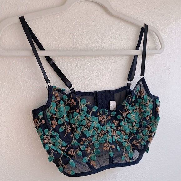Black Mesh Longline Bralette with Green & Gold Embroidery (L) - Picture 8 of 8